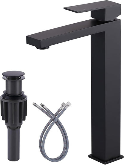Vessel Sink Faucet Matte Black, ARCORA Single Handle Tall Bathroom Faucet, Single Hole Lavatory Vanity Mixer Tap with Pop Up Drain and Faucet Supply Lines