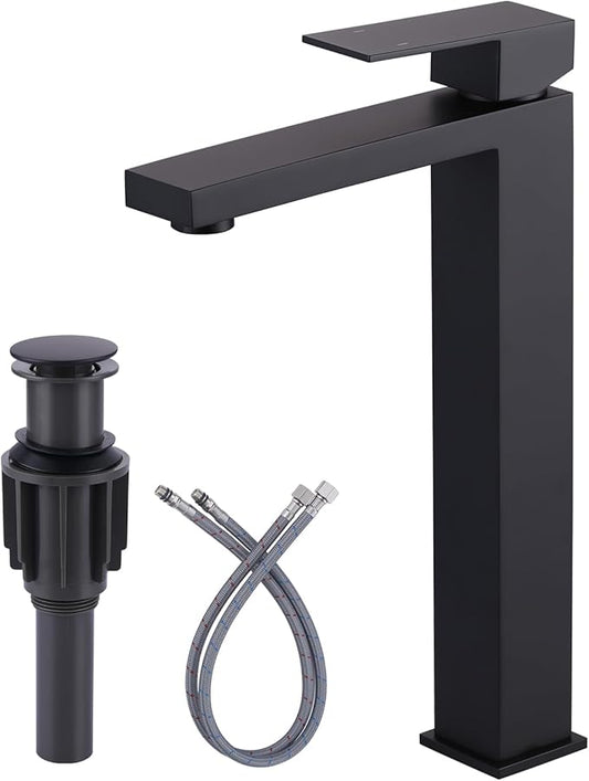 Vessel Sink Faucet Matte Black, ARCORA Single Handle Tall Bathroom Faucet, Single Hole Lavatory Vanity Mixer Tap with Pop Up Drain and Faucet Supply Lines