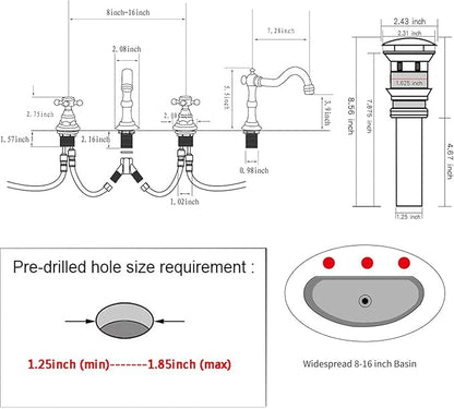 GGStudy 2 Handles 3 Holes Faucet Widespread Bathroom Sink Faucet Antique Brass Basin Tap Mixer Supply Hose Included Matching Metal Pop Up Drain