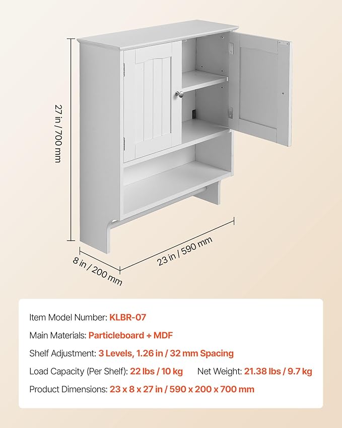 VEVOR Bathroom Wall Cabinet, 23" W x 27" H Storage Medicine Cabinet Wall Mounted, Hanging Organizer with Open Partition and Towel Bar for Laundry Room Kitchen, White