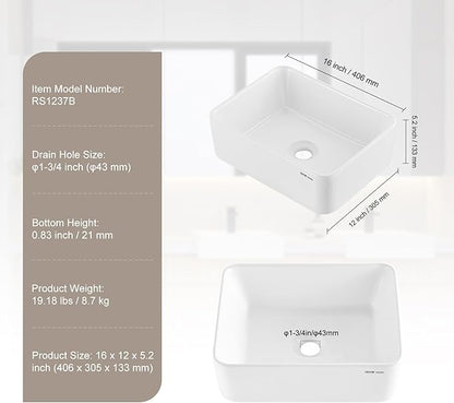 VEVOR Rectangle Vessel Sink, 16" x 12" Bathroom Vessel Sink Countertop, White Ceramic Bathroom Sinks Above Counter, Modern Style, Bright and Elegant, Well-Packaged for Bathroom, Hotel, Toilet, RV