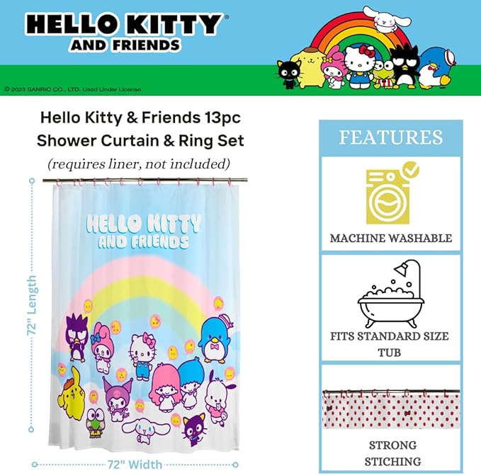 Sanrio Hello Kitty & Friends 13-Piece Shower Curtain Set, Bathroom Decor, 72 x 72 Inch Fabric Curtain with Hooks, Machine Washable (100% Officially Licensed Product) by Franco Collectibles