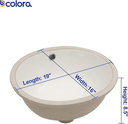 Dcolora 19 In. Oval Undermount Bathroom Sink, Ceramic Porcelain Under Counter Sink Basin for Vanity Tops, Smooth Oval Design with Clean Edge for Modern Bathrooms, 16"D x 19"W x 9"H