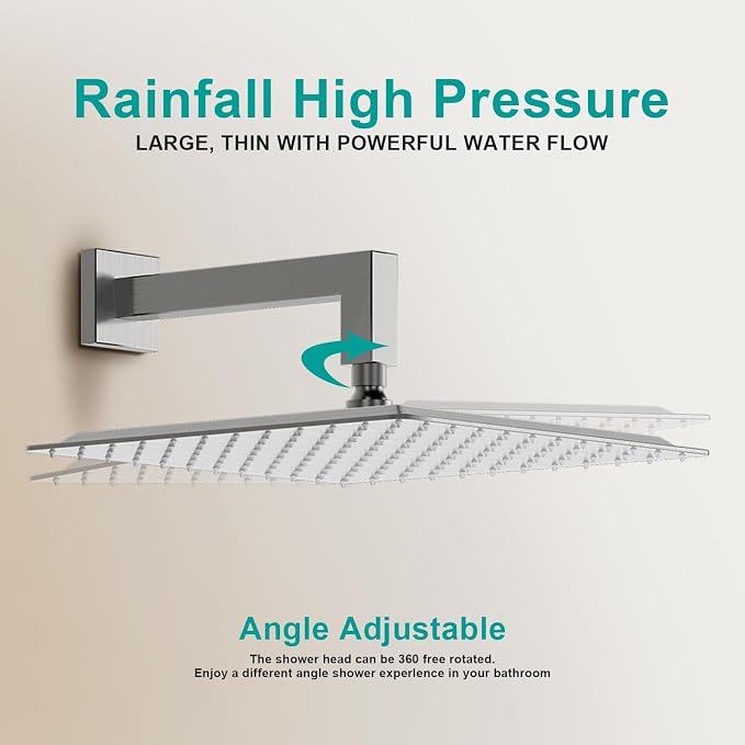 Square Rain Shower Head, High Flow Stainless Steel,Work with any decorative style，All Metal Rainfall Shower Head (Brushed Nickel, 12)