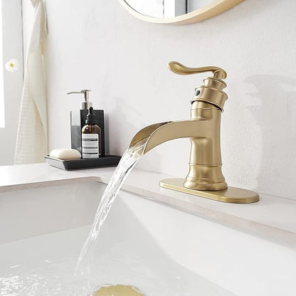 Gold Bathroom Faucet Waterfall Bathroom Sink Faucets Brass with Pop Up Drain Stopper Single-Handle 1 Hole Faucet