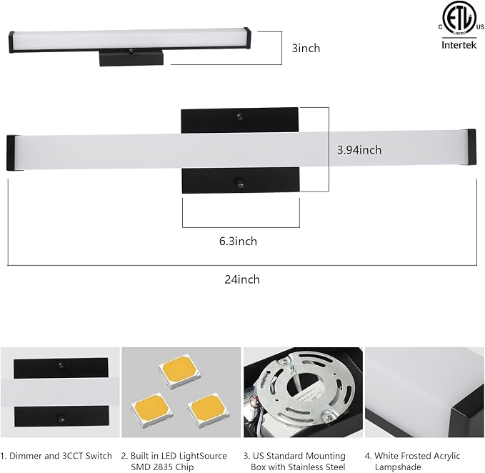 24in LED Bathroom Vanity Light(3000K/4000K/5000K, Brightness Dimmable), 15W Black Bathroom Light Fixtures Over Mirror, IP44 Modern Bath Vanity Lights Bar 120V, ETL Listed