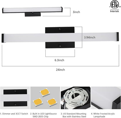 24in LED Bathroom Vanity Light(3000K/4000K/5000K, Brightness Dimmable), 15W Black Bathroom Light Fixtures Over Mirror, IP44 Modern Bath Vanity Lights Bar 120V, ETL Listed
