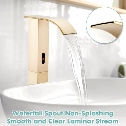 Touchless Bathroom Faucet, Automatic Sensor Bathroom Sink Tall Body Gold Faucet with Control Box, Modern Waterfall Stainless Steel Vanity Tap Single Hole and Temperature Mixer