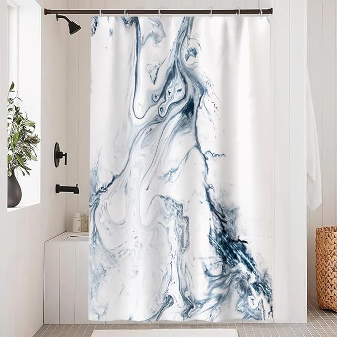 Blue and White Shower Curtain, Modern Ombre Blue Marble Shower Curtain Set with Hooks Aesthetic Waterproof Bathroom Decor, 48x72 Inch