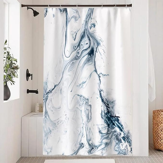 Blue and White Shower Curtain, Modern Ombre Blue Marble Shower Curtain Set with Hooks Aesthetic Waterproof Bathroom Decor, 48x72 Inch