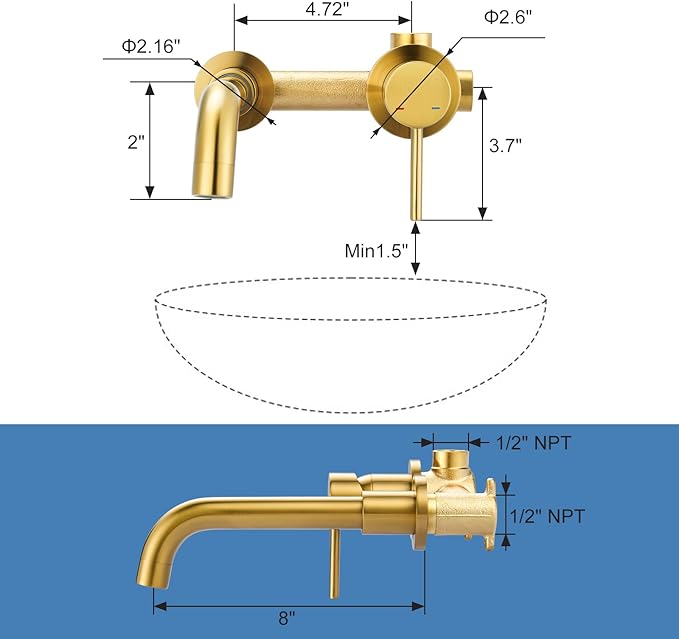 ARCORA Wall Mount Bathroom Faucet, Brushed Gold Single Handle Bathroom Sink Faucet Wall Mounted, Rough-in Valve Included