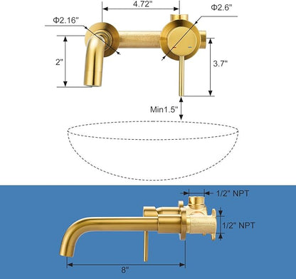 ARCORA Wall Mount Bathroom Faucet, Brushed Gold Single Handle Bathroom Sink Faucet Wall Mounted, Rough-in Valve Included