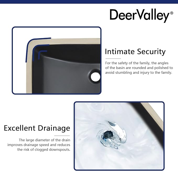 DeerValley DV-1U0086 Ally Undermount Bathroom Sink 21'' x 15'' Rectangular Bathroom Undermount Sink Vitreous China Bathroom Sink with Overflow, Matte Black
