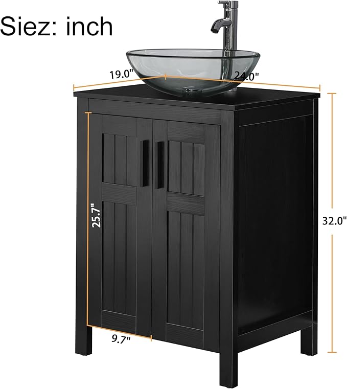 UEV Black 24" Bathroom Vanity with Sink Combo,Modern Vanity with Vessel Sink,Stylish Bathroom Vanity Cabinet,Grooved Doors & Metal Handles,Modern Glass Round Bowl Tempered Glass Vessel Sink(A16)