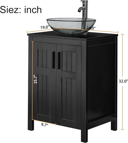 UEV Black 24" Bathroom Vanity with Sink Combo,Modern Vanity with Vessel Sink,Stylish Bathroom Vanity Cabinet,Grooved Doors & Metal Handles,Modern Glass Round Bowl Tempered Glass Vessel Sink(A16)