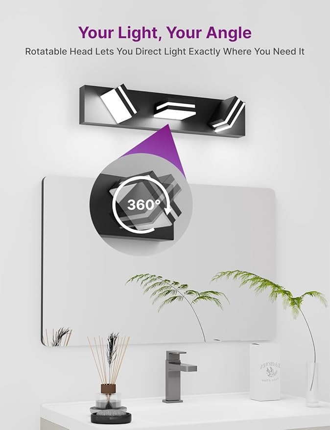 Modern Bathroom Vanity Light, 22" 3-Light Bathroom Light Fixtures Over Mirror, LED Bathroom Light 3000K 4000K 5000K CCT Adjustable, Matte Black