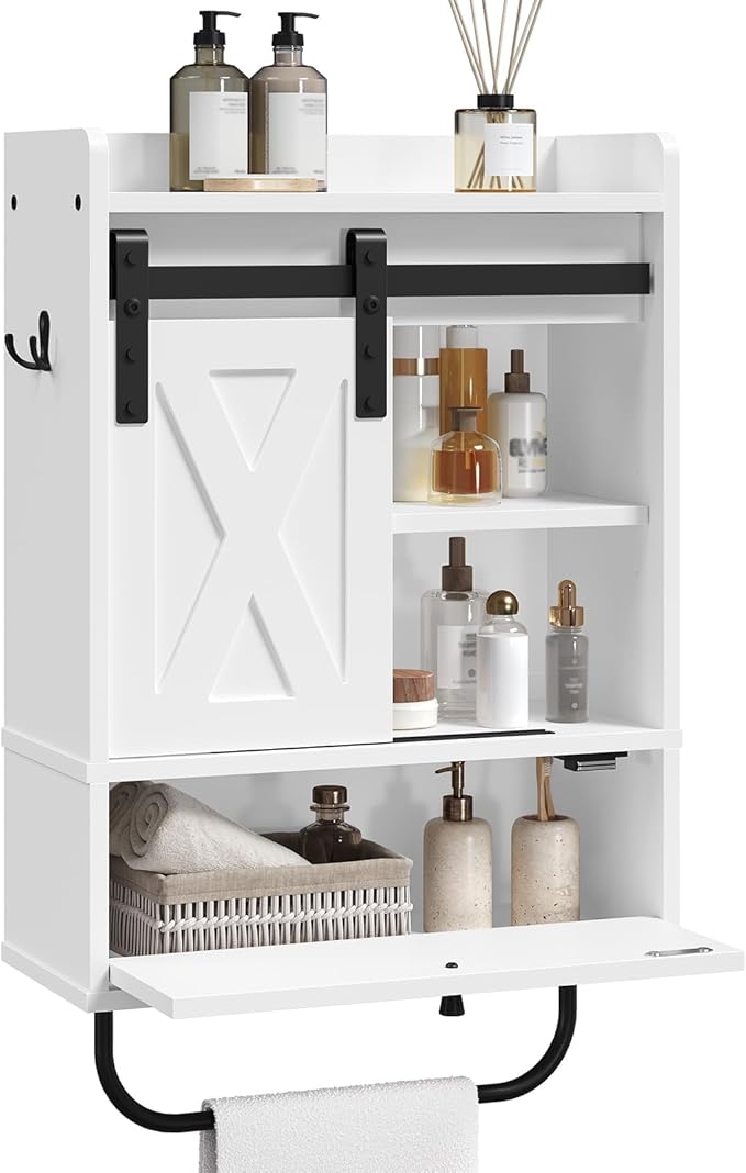 Bathroom Wall Cabinet, Farmhouse Medicine Cabinets with Sliding Door, Wall Mounted Storage Cabinet with Adjustable Shelf and Towel Bar, for Bathroom, Living Room, Kitchen, White