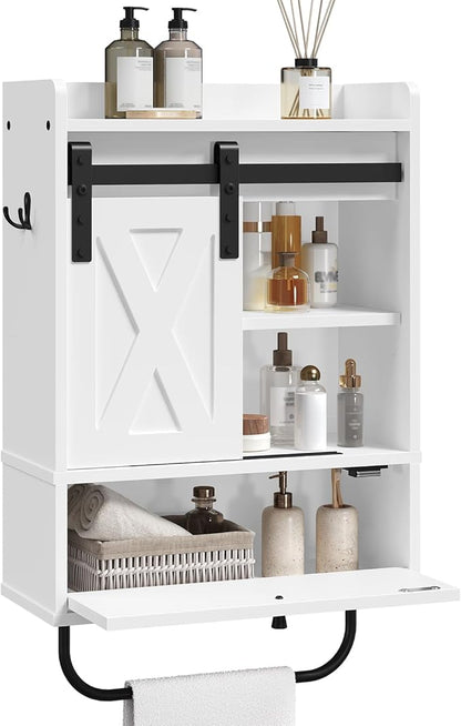 Bathroom Wall Cabinet, Farmhouse Medicine Cabinets with Sliding Door, Wall Mounted Storage Cabinet with Adjustable Shelf and Towel Bar, for Bathroom, Living Room, Kitchen, White