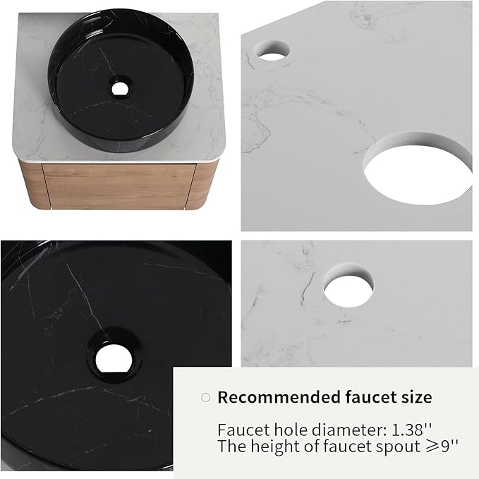 LKTART 24 Inch Floating Bathroom Vanity with Sink, Modern Wall Mounted Bathroom with Soft Close Door, Black Stone Round Ceramic Basin and Sintered Stone Top