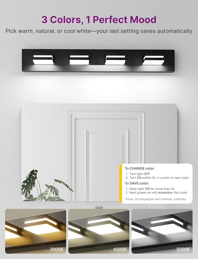 Modern Bathroom Vanity Light, 29" 4-Light Bathroom Light Fixtures Over Mirror, LED Vanity Light 3000K 4000K 5000K CCT Adjustable, Matte Black