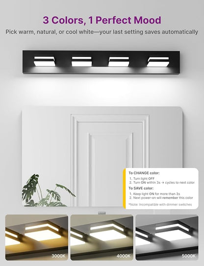 Modern Bathroom Vanity Light, 29" 4-Light Bathroom Light Fixtures Over Mirror, LED Vanity Light 3000K 4000K 5000K CCT Adjustable, Matte Black