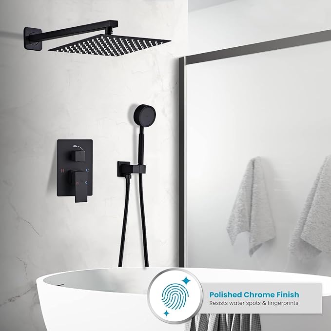 Matte Black Rainfall Shower Head, Wall Mounted 12 Inch Shower Head | Handheld Spray Combo, Luxury Bathroom Square Rain Shower System, Solid Brass Pressure Balancd Shower Faucet Valve