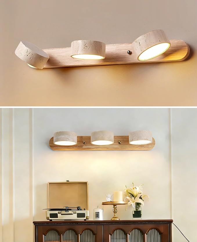 Natural Wood Vanity Light, 19.7 Inches Nordic Style Farmhouse Vanity Lights for Bathroom Wabi Sabi Travertine Wall Sconce with 360° Rotatable Natural Stone Lampshade and Wooden Base (3 Lights)