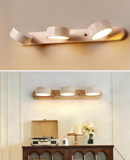 Natural Wood Vanity Light, 19.7 Inches Nordic Style Farmhouse Vanity Lights for Bathroom Wabi Sabi Travertine Wall Sconce with 360° Rotatable Natural Stone Lampshade and Wooden Base (3 Lights)