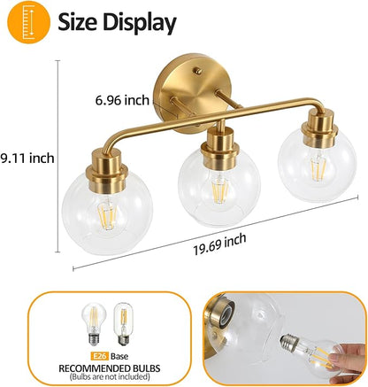 Bathroom Light Fixtures Gold Vanity Light 3 Light Wall Sconces Lighting Brushed Brass Lights with Clear Globe Glass Shades Bath Wall Lamp for Mirror Kitchen Living Room Bedroom Hallway