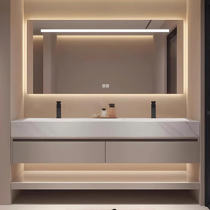 80" Double Sink Modern Bathroom Vanity Set with LED Mirror, Seamless Design with Ceramic Sink & Quartz Countertop, Paint-Free Multi-Layer Solid Wood Cabinet, Soft-Close Doors, White‌