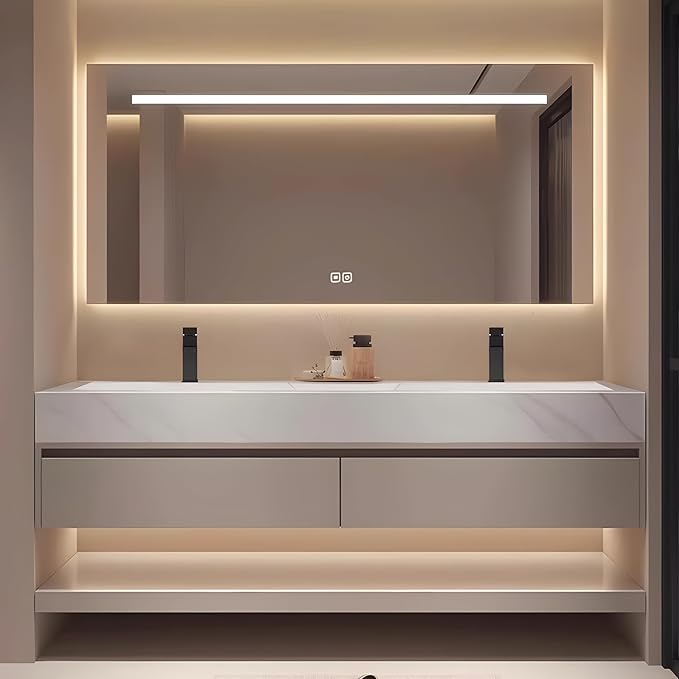 68" Double Sink Modern Bathroom Vanity Set with LED Mirror, Seamless Design with Ceramic Sink & Quartz Countertop, Paint-Free Multi-Layer Solid Wood Cabinet, Soft-Close Doors, White‌