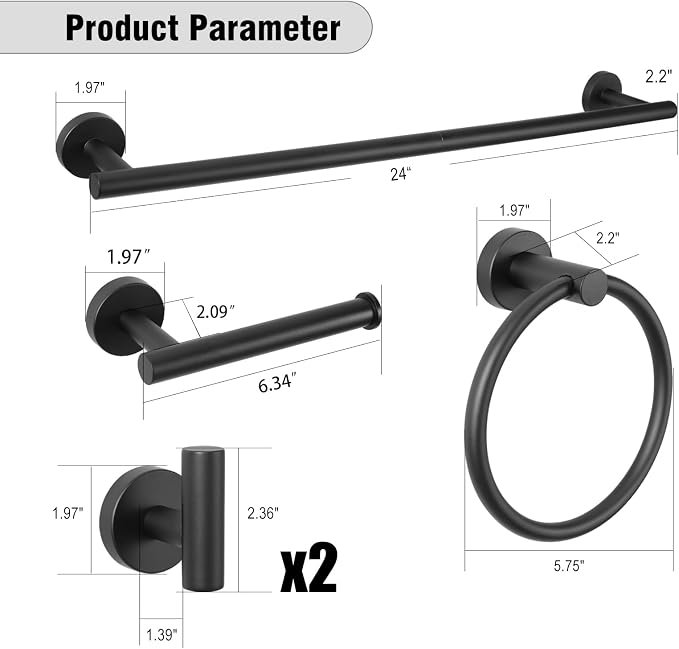 5 Piece Modern Style Wall Mounted Bathroom Hardware Set | #304 Stainless Steel, 24" Towel Bar Mount, Towel Rings, L Shape Toilet Paper Holder, Bathrobe Hook (Matt Black)
