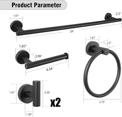 5 Piece Modern Style Wall Mounted Bathroom Hardware Set | #304 Stainless Steel, 24" Towel Bar Mount, Towel Rings, L Shape Toilet Paper Holder, Bathrobe Hook (Matt Black)