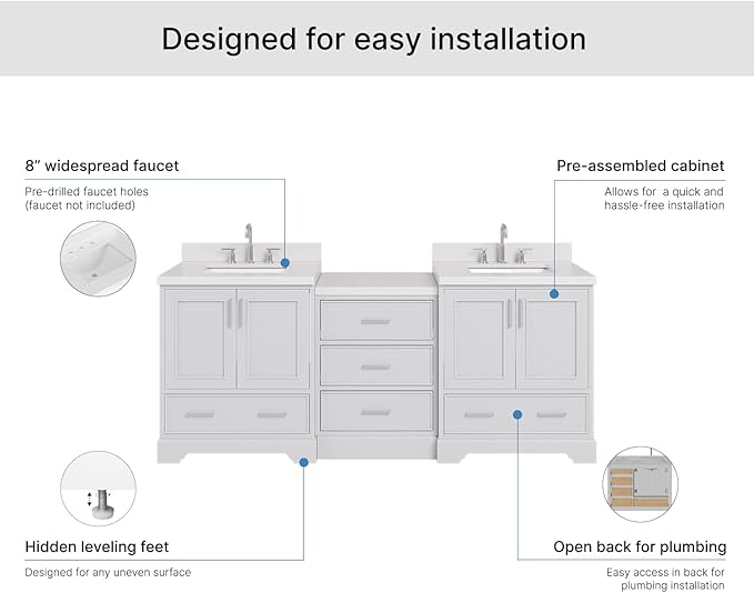 ARIEL Stafford 84-inch Bathroom Vanity with Sink,Solid Wood, 1.5in Pure White Quartz Countertop & Backsplash, Double Rectangular Porcelain Sink, 4 Soft Closing Doors, 5 Dovetail Drawers, Grey