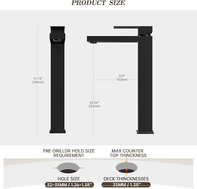 Black Tall Bathroom Faucet Vessel Sink Faucet Single Hole Bathroom Vessel Sink Faucet Single Handle with Water Supply Hose Above countertop Sink and Pop Up Sink Drain,BF3530P-MB-V