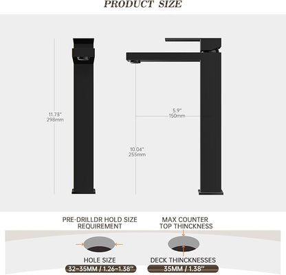 Black Tall Bathroom Faucet Vessel Sink Faucet Single Hole Bathroom Vessel Sink Faucet Single Handle with Water Supply Hose Above countertop Sink and Pop Up Sink Drain,BF3530P-MB-V