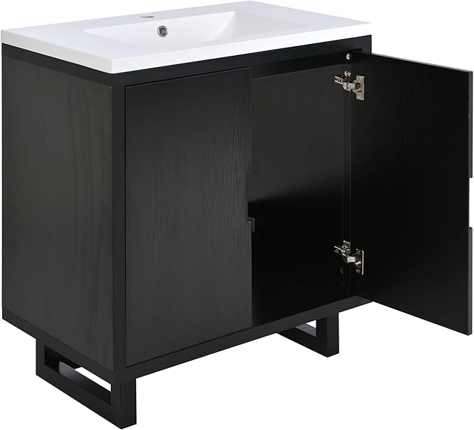 Favfurish 30" Bathroom Vanity with Resin Sink,Undermount Single Basin Bath Vanity Set w/2 Soft Closing Doors,Transitional Freestanding Storage Cabinet,Solid Wood Frame,Black