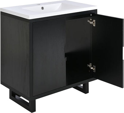 Favfurish 30" Bathroom Vanity with Resin Sink,Undermount Single Basin Bath Vanity Set w/2 Soft Closing Doors,Transitional Freestanding Storage Cabinet,Solid Wood Frame,Black