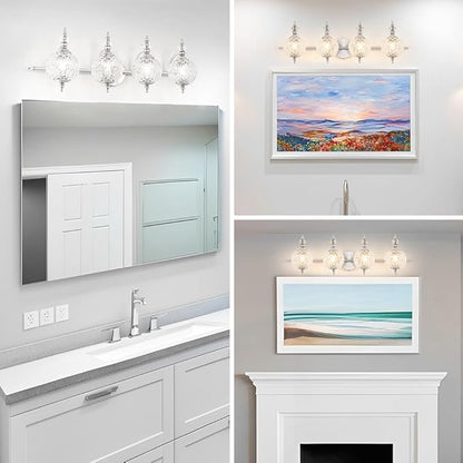 Brushed Nickel Bathroom Vanity Light Fixture Vintage Style - 4 Light G9 Bulb Compatible, 30" Wide Bathroom Lighting Over Mirror with Hand-Etched Glass Shades, Easy Mount for Makeup Area