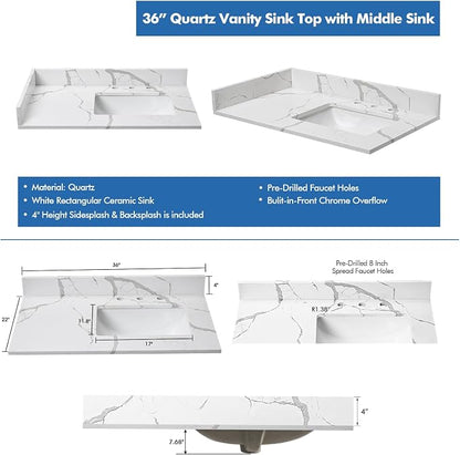 36 in.W x 22 in.D Quartz Calacatta River Vanity Top,with Undermount Right Offset Sink Vanity Top,with Two Sidesplash & One Backsplash,8 Inch Faucet Hole Spread Bathroom Vanity Sink Countertop