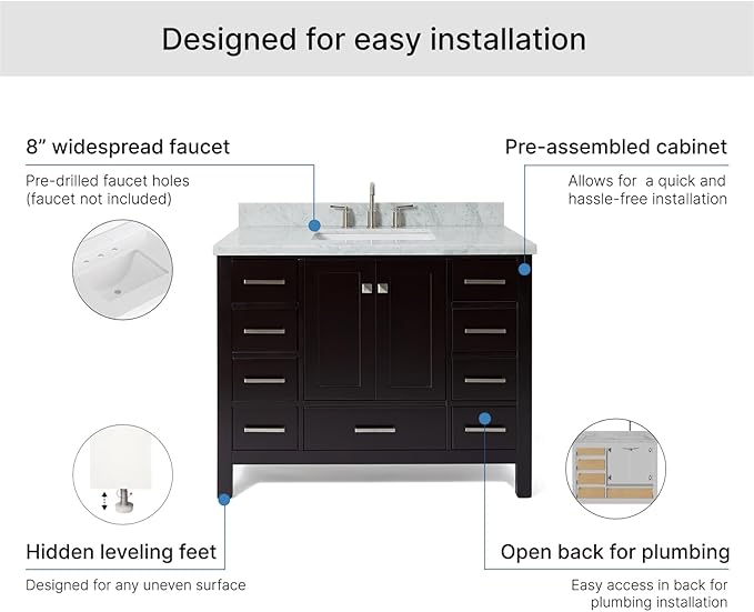 ARIEL Cambridge 42-inch Bathroom Vanity with Sink,Solid Wood, 1.5-inch Italian Carrara Marble Countertop, Single Rectangular Porcelain Sink, 2 Soft Closing Doors, 9 Dovetail Drawers, Espresso