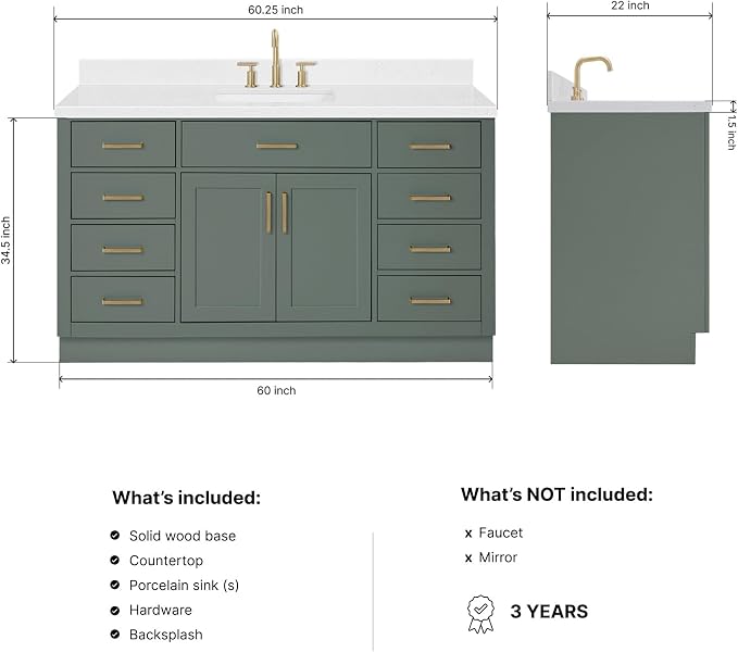 ARIEL Hepburn 60-inch Bathroom Vanity with Sink,Solid Wood, 1.5-inch Carrara White Quartz Countertop, Single Rectangular Porcelain Sink, 2 Soft Closing Doors, 9 Dovetail Drawers, Vintage Green