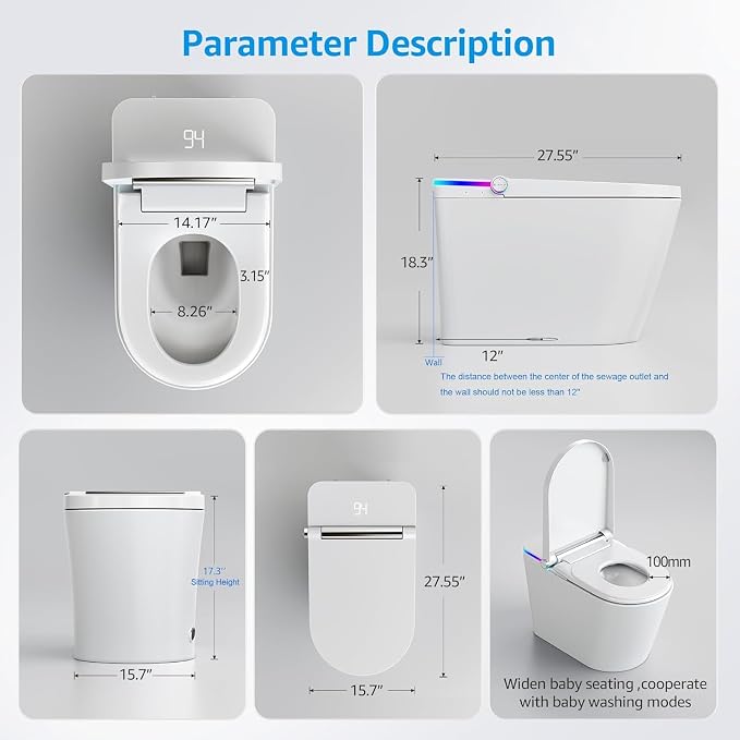 Smart Toilet with Bidet Built In, Heated Seat, Warm Water Wash & Dryer, Tankless Bidet Toilet with Foot Sensor & Night Light, Auto Open/Close Lid & Flush, Wireless Remote, 1.26GPF Water-Saving Design