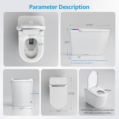 Smart Toilet with Bidet Built In, Heated Seat, Warm Water Wash & Dryer, Tankless Bidet Toilet with Foot Sensor & Night Light, Auto Open/Close Lid & Flush, Wireless Remote, 1.26GPF Water-Saving Design