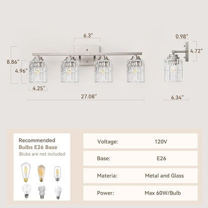 TALOYA Nickel 4Light Bathroom Vanity Light with Fluted Cylinder Glass Shade | Modern Vanity Lighting Fixtures, Bathroom Lights Over Mirror, Wall Mount Mirror Light Fixtures for Bathroom Hallway Bedroom