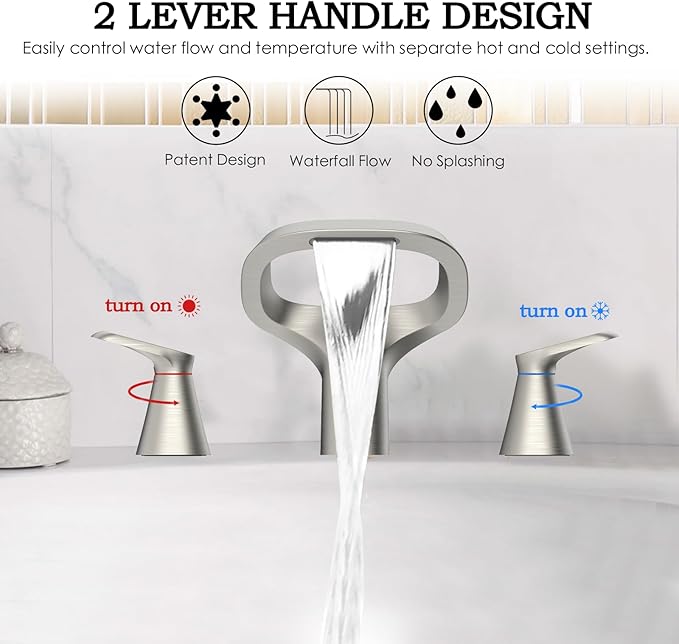 Bathroom Faucets for Sink 3 Hole, Bezeit 8 Inch Brushed Nickel Bathroom Faucet, Solid Brass Widespread Bathroom Faucet with Adjustable Waterfall Spout 2 Handles and 2 Supply Hoses
