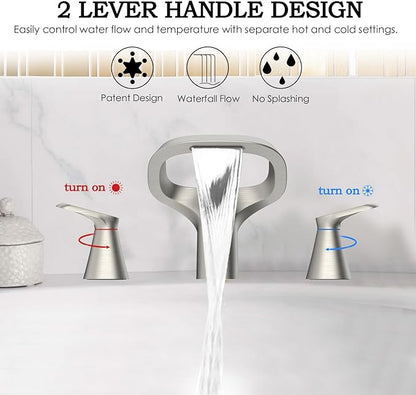Bathroom Faucets for Sink 3 Hole, Bezeit 8 Inch Brushed Nickel Bathroom Faucet, Solid Brass Widespread Bathroom Faucet with Adjustable Waterfall Spout 2 Handles and 2 Supply Hoses
