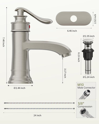 Brushed Nickel Bathroom Faucet Brass Single Handle Bathroom Sink Faucets | Single Hole Farmhouse Faucet Vanity Lavatory RV with Overflow Pop Up Drain Mixer Tap Commcercial Rustic by BATHLAVISH