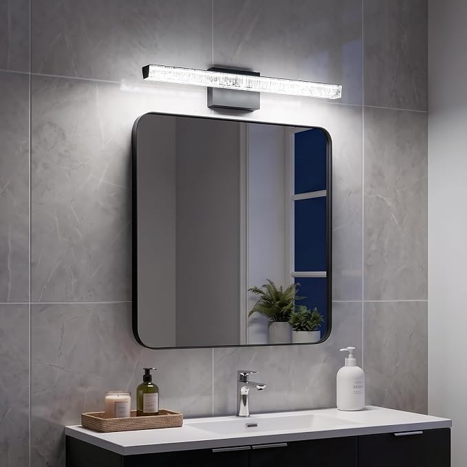 Black Vanity Lights for Bathroom, 24 Inch Modern Bathroom Light Fixtures Over Mirror, Iceberg Crack Acrylic LED Wall Sconce, 5500K Cool White Linear Lighting for Mirror Cabinet, Non-Dimmable