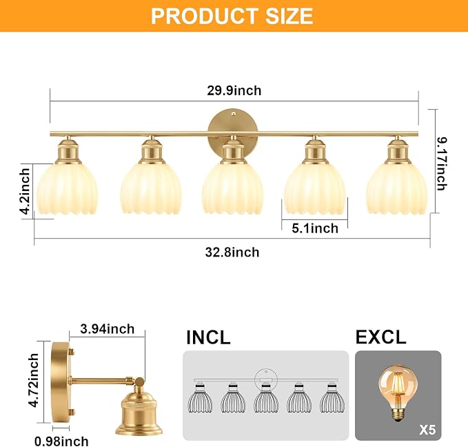Bathroom Light Fixtures, 5-Light Brushed Gold Vanity Lights for Bathroom with White Tulip Glass Shade, 30" Vintage Bathroom Vanity Lighting Fixtures Over Mirror for Bedroom Living Room Hallway